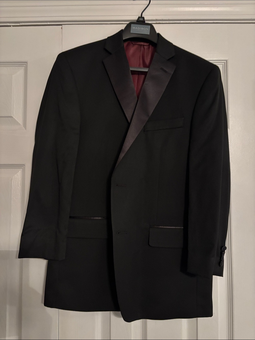 Madison Black Satin-Lapel Tuxedo Jacket with Burgundy Lining